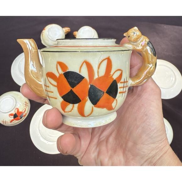 12pc Vtg 1950’s Lusterware Children's Tea Set Cats & Sunflowers Japan Porcelain - Picture 1 of 15